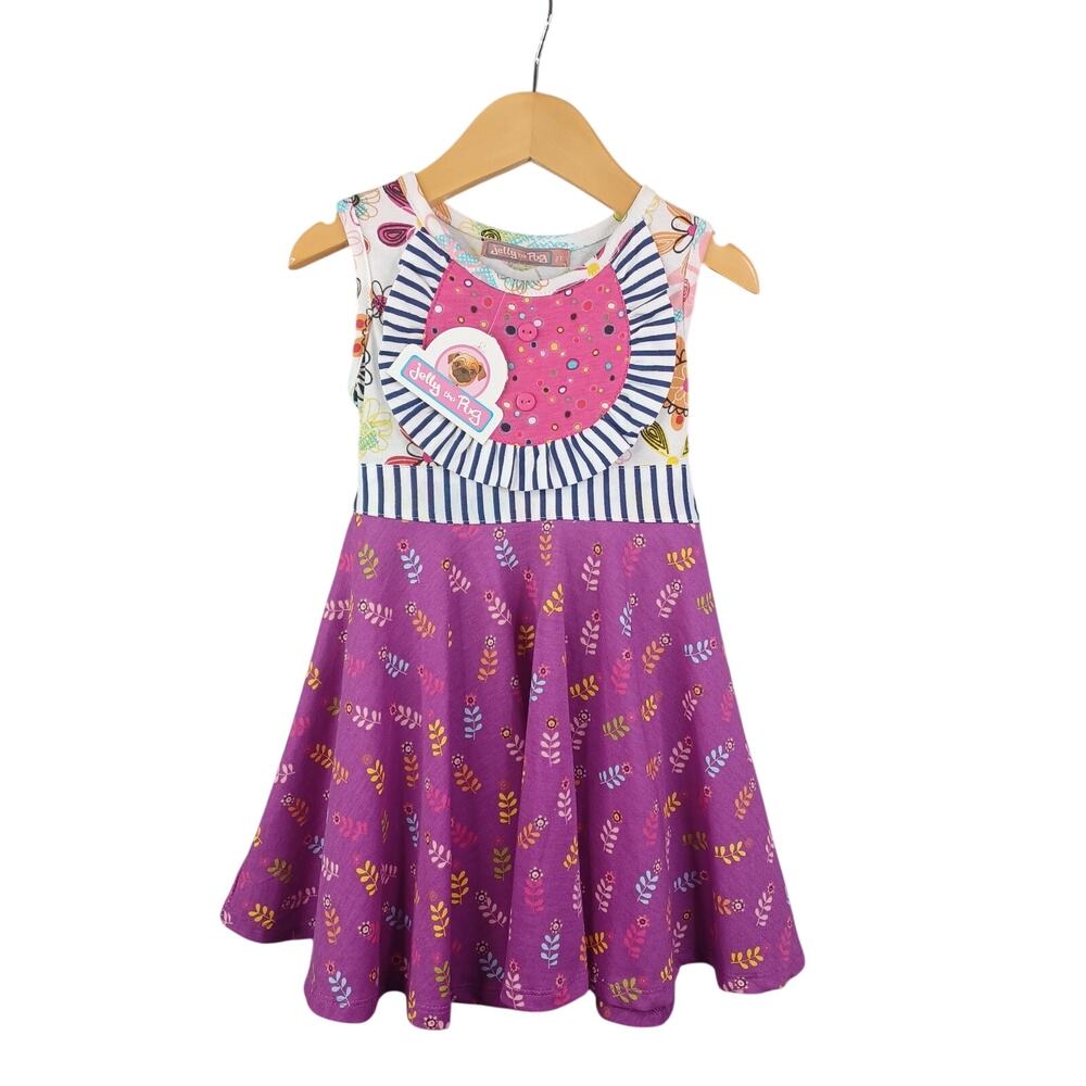 Jelly‎ The Pug Girls Floral Stripe Ruffle Bib Knit Dress 2T Twirl Circle Skirt